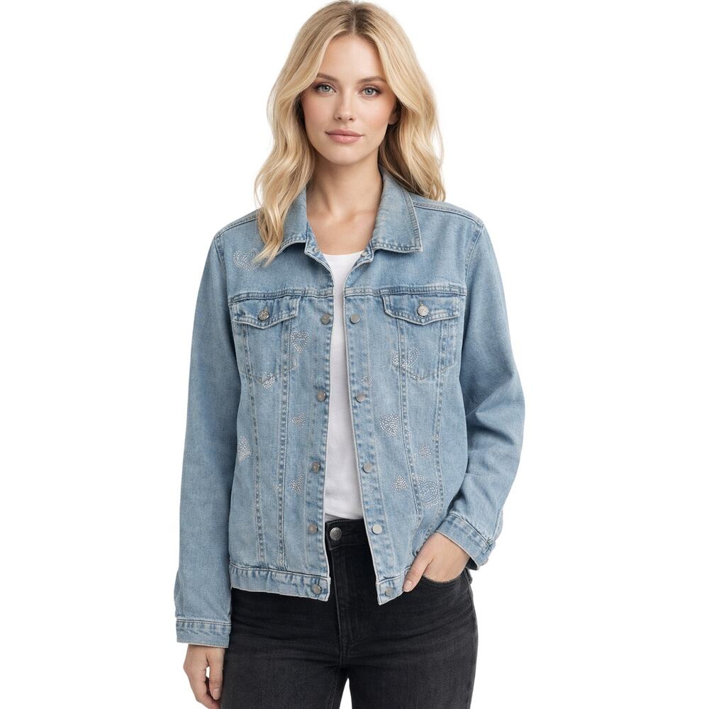 Quaker Factory Rhinestone Heart Denim Jacket Women’s Size Medium Distressed Jean